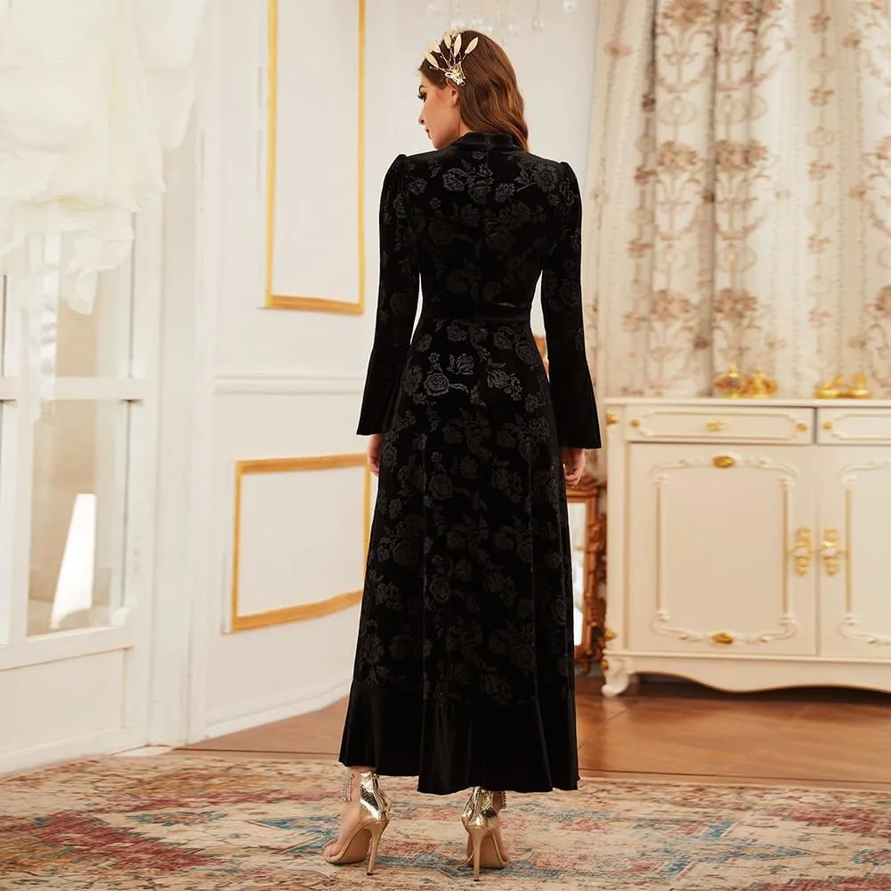 IDOPIP Women Long Bell Sleeve Floral Velvet Maxi Dress Fall Mock Neck Wedding Guest Dress Elegant Evening Cocktail Prom Gown