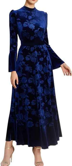 IDOPIP Women Long Bell Sleeve Floral Velvet Maxi Dress Fall Mock Neck Wedding Guest Dress Elegant Evening Cocktail Prom Gown