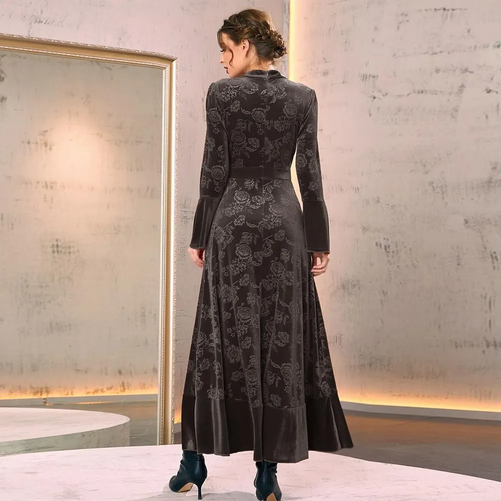 IDOPIP Women Long Bell Sleeve Floral Velvet Maxi Dress Fall Mock Neck Wedding Guest Dress Elegant Evening Cocktail Prom Gown