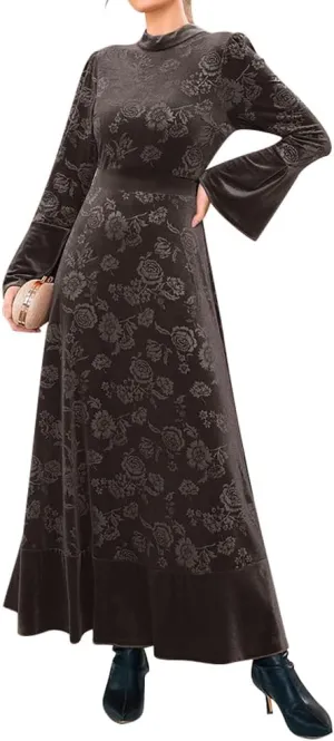 IDOPIP Women Long Bell Sleeve Floral Velvet Maxi Dress Fall Mock Neck Wedding Guest Dress Elegant Evening Cocktail Prom Gown