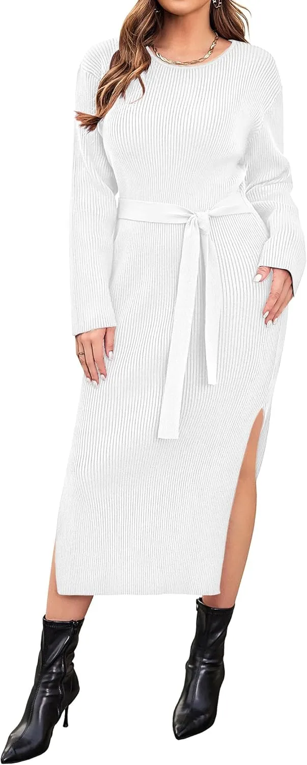 IN'VOLAND Plus Size Womens Ribbed Sweater Dress Long Sleeve Crewneck Tie Waist Knit Bodycon Midi Dresses with Belt