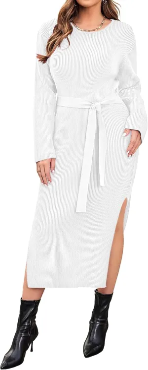 IN'VOLAND Plus Size Womens Ribbed Sweater Dress Long Sleeve Crewneck Tie Waist Knit Bodycon Midi Dresses with Belt