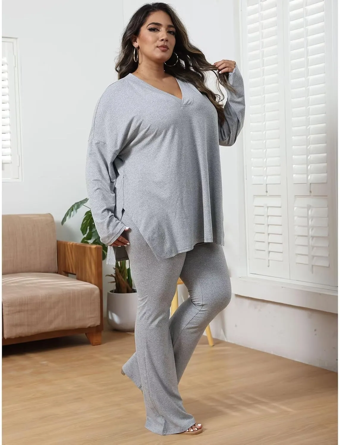 IyMoo Womens Plus Size Pants Suits Tracksuits 2 Piece Set Outfits Long Sleeve V Neck Slit Pullover Flare Leg Loungewear