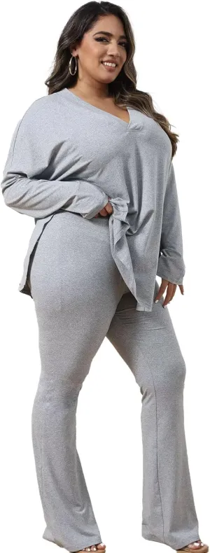 IyMoo Womens Plus Size Pants Suits Tracksuits 2 Piece Set Outfits Long Sleeve V Neck Slit Pullover Flare Leg Loungewear