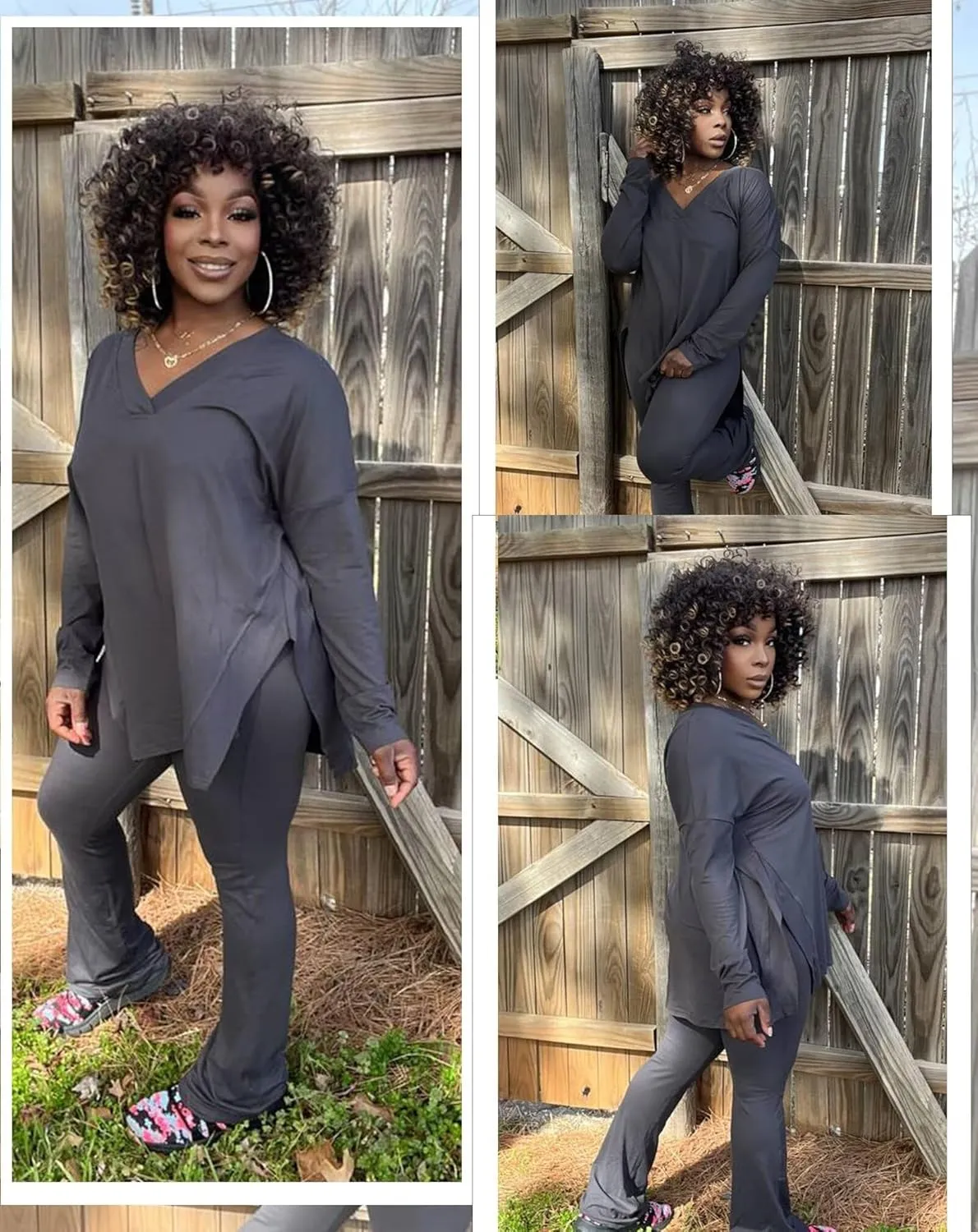 IyMoo Womens Plus Size Pants Suits Tracksuits 2 Piece Set Outfits Long Sleeve V Neck Slit Pullover Flare Leg Loungewear