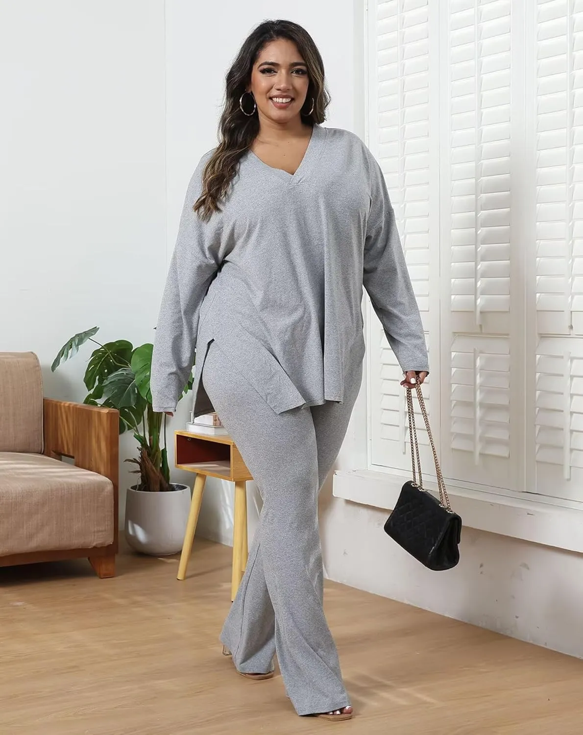 IyMoo Womens Plus Size Pants Suits Tracksuits 2 Piece Set Outfits Long Sleeve V Neck Slit Pullover Flare Leg Loungewear