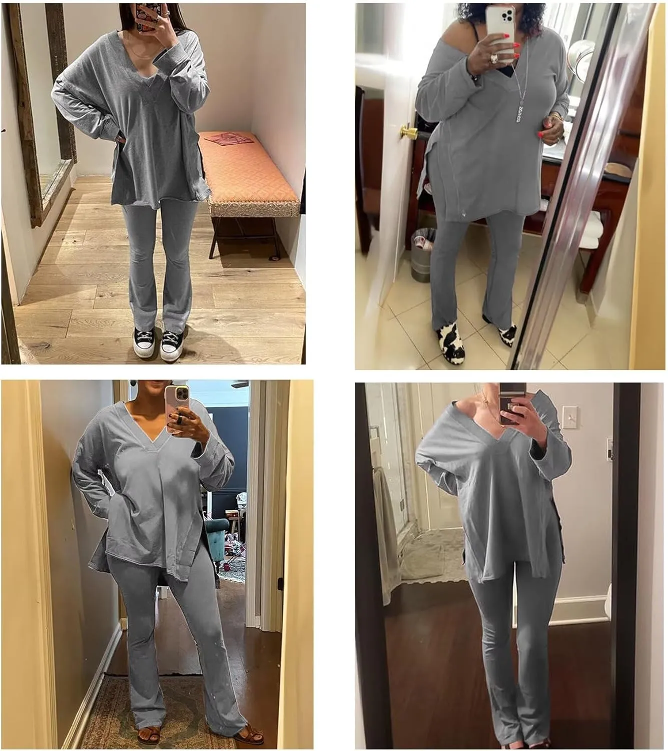 IyMoo Womens Plus Size Pants Suits Tracksuits 2 Piece Set Outfits Long Sleeve V Neck Slit Pullover Flare Leg Loungewear