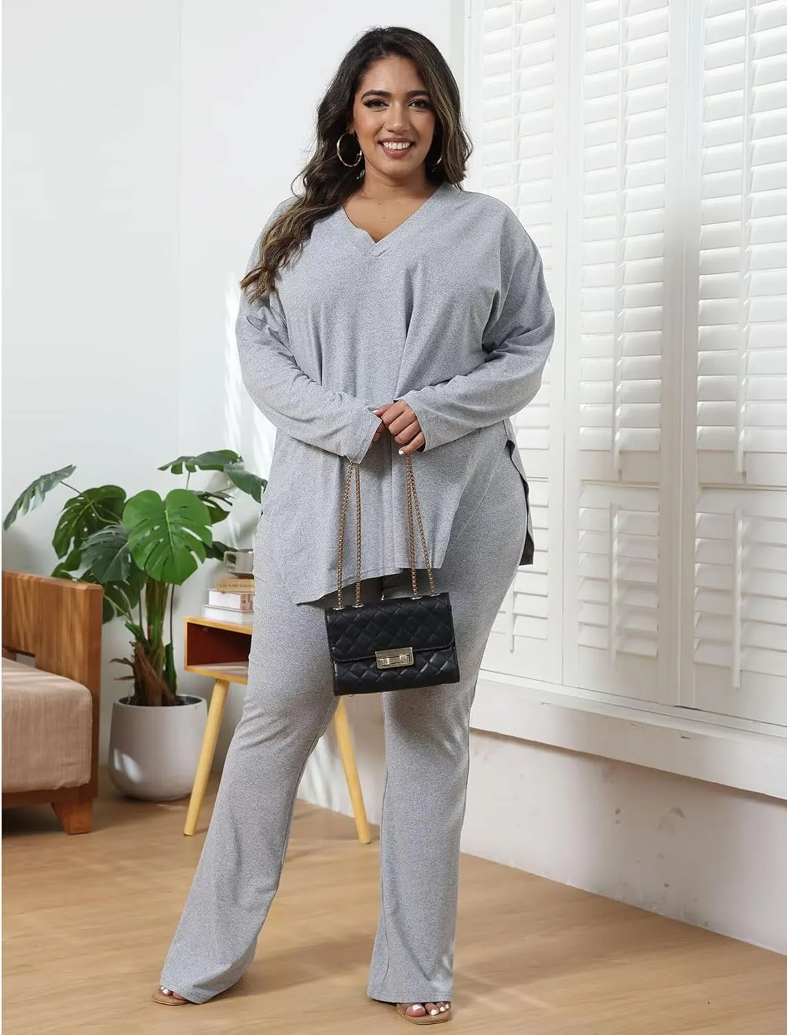 IyMoo Womens Plus Size Pants Suits Tracksuits 2 Piece Set Outfits Long Sleeve V Neck Slit Pullover Flare Leg Loungewear