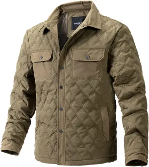 Jackets for Men Diamond Quilted Puffer Down Jacket Lightweight Business Casual Button Down Shirts Shacket Collared Tops