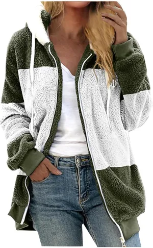 jovati Fleece Jacket Women Zip Up Color Block Hoodie Sweatshirts Long Sleeve Cardigan Fall Clothes 2023 Loose Fit Sweater