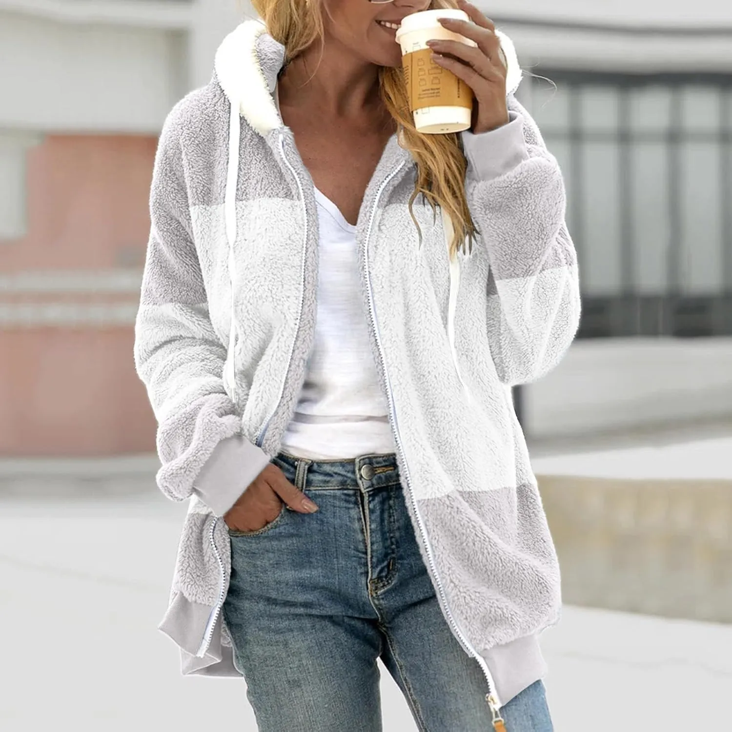 jovati Fleece Jacket Women Zip Up Color Block Hoodie Sweatshirts Long Sleeve Cardigan Fall Clothes 2023 Loose Fit Sweater