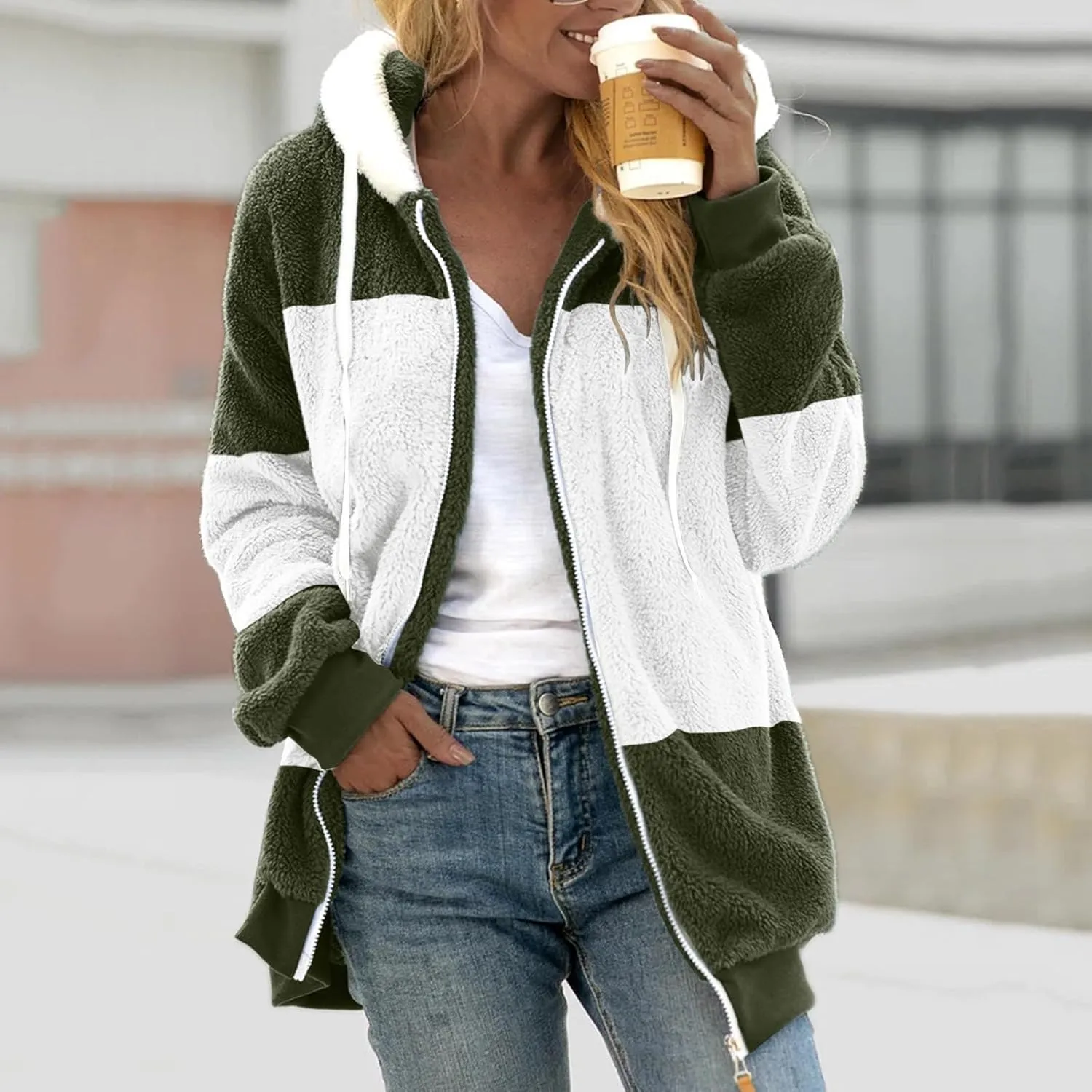 jovati Fleece Jacket Women Zip Up Color Block Hoodie Sweatshirts Long Sleeve Cardigan Fall Clothes 2023 Loose Fit Sweater