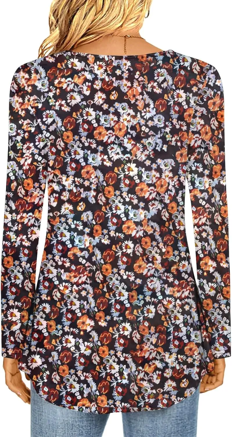 KIFOVEN Womens Casual Tunic Top Long Sleeve V Neck Pleated Dressy Tees Flora Printed T Shirt