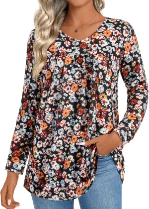 KIFOVEN Womens Casual Tunic Top Long Sleeve V Neck Pleated Dressy Tees Flora Printed T Shirt