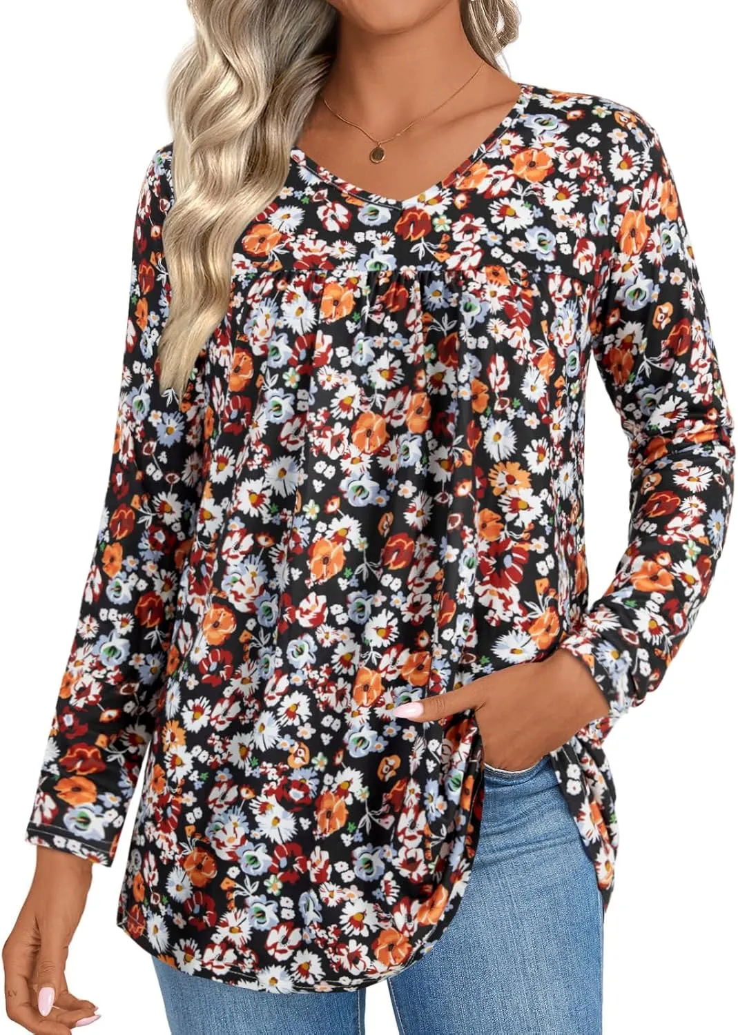 KIFOVEN Womens Casual Tunic Top Long Sleeve V Neck Pleated Dressy Tees Flora Printed T Shirt