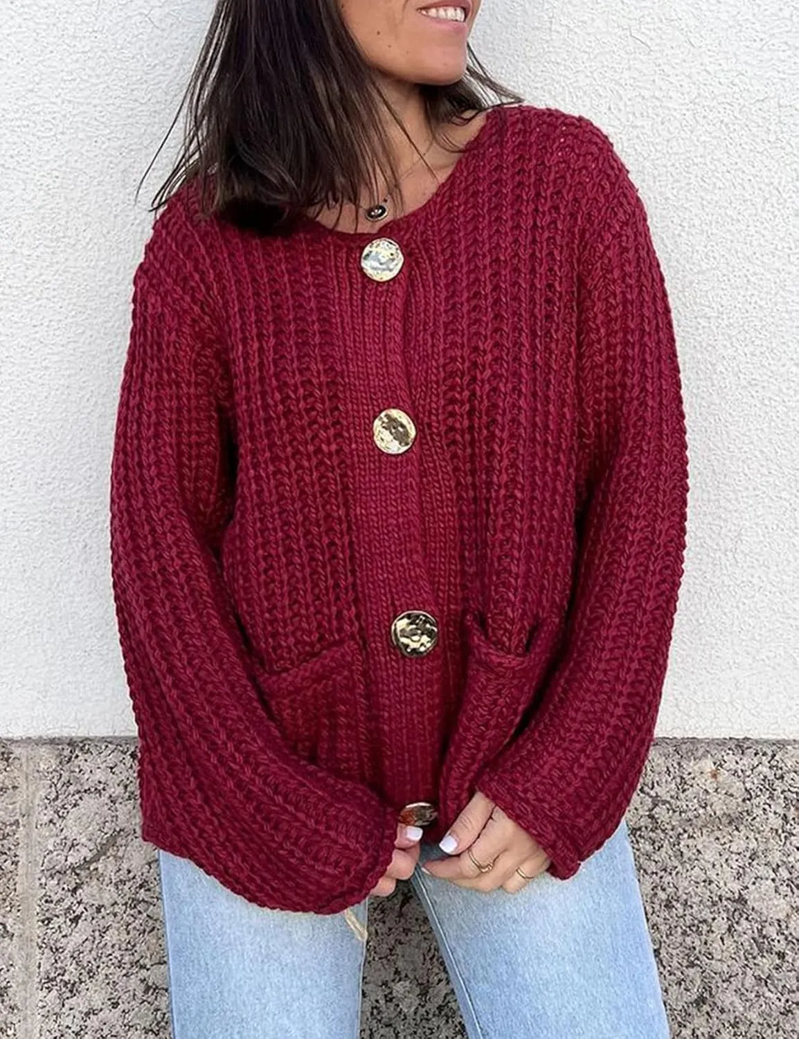 Kissonic Womens Cropped Cardigan Sweater Button Down Long Sleeve Chunky Soft Knit Sweater Open Front Loose Casual Coat