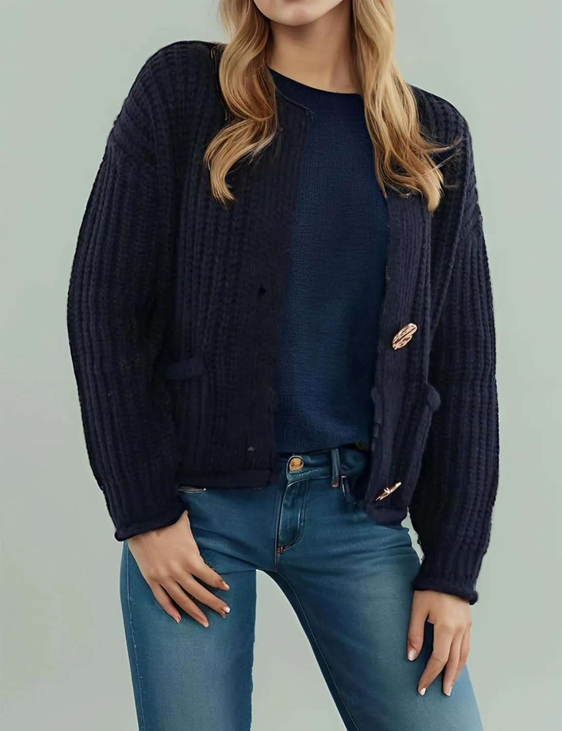 Kissonic Womens Cropped Cardigan Sweater Button Down Long Sleeve Chunky Soft Knit Sweater Open Front Loose Casual Coat