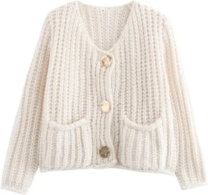 Kissonic Womens Cropped Cardigan Sweater Button Down Long Sleeve Chunky Soft Knit Sweater Open Front Loose Casual Coat