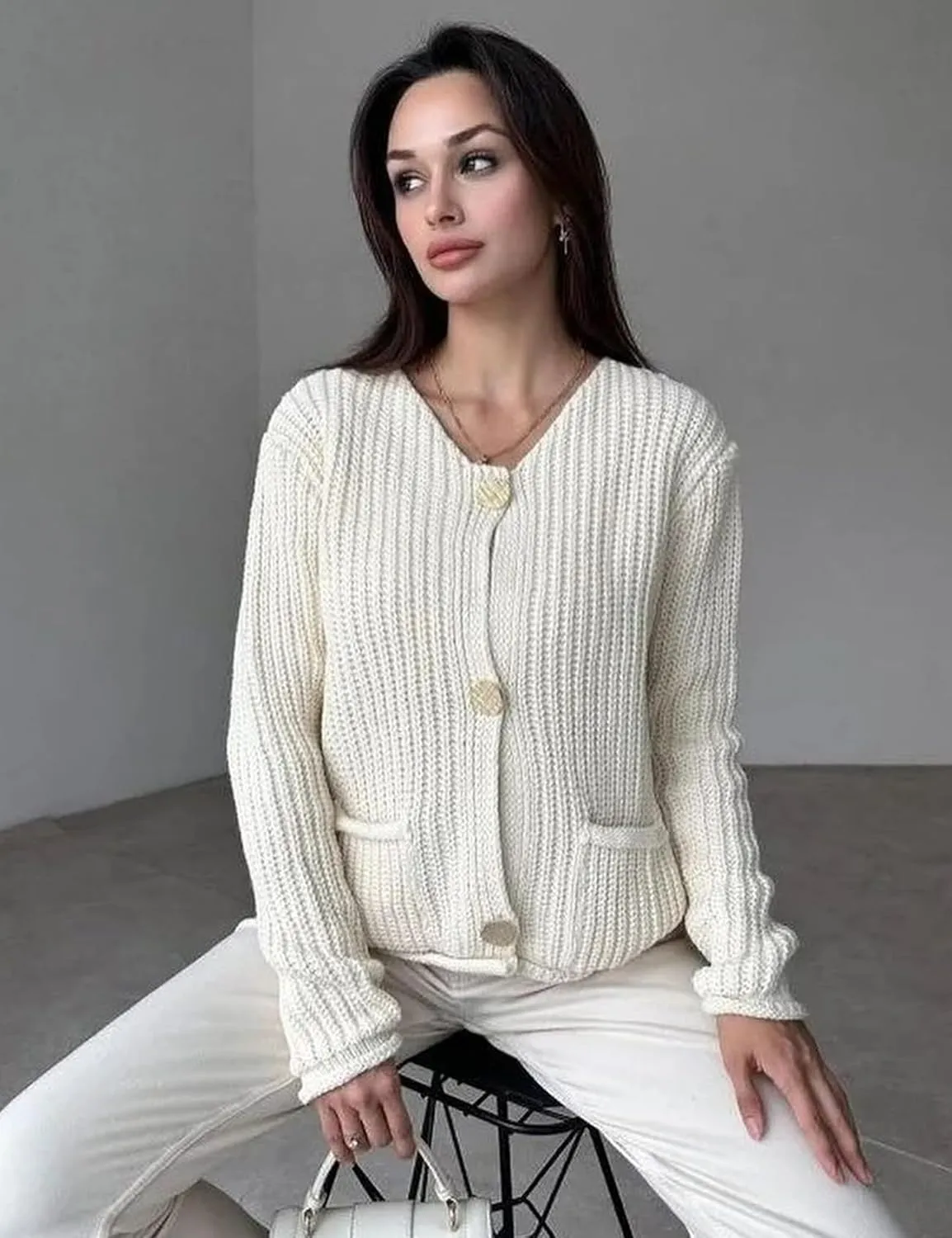 Kissonic Womens Cropped Cardigan Sweater Button Down Long Sleeve Chunky Soft Knit Sweater Open Front Loose Casual Coat