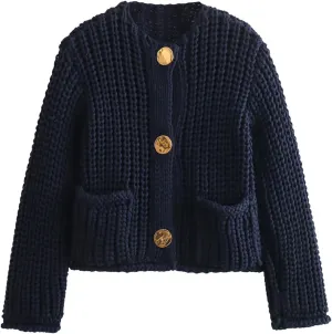 Kissonic Womens Cropped Cardigan Sweater Button Down Long Sleeve Chunky Soft Knit Sweater Open Front Loose Casual Coat