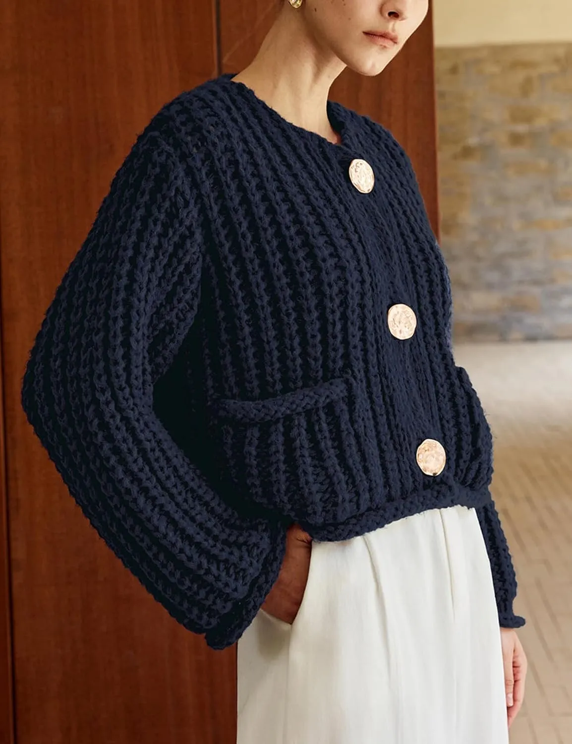 Kissonic Womens Cropped Cardigan Sweater Button Down Long Sleeve Chunky Soft Knit Sweater Open Front Loose Casual Coat