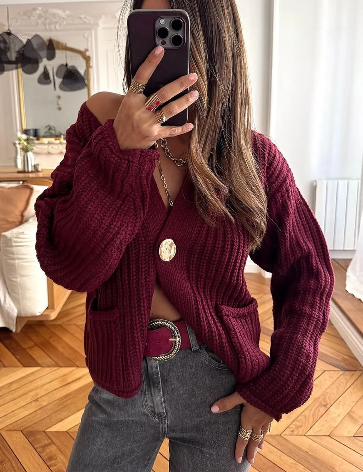Kissonic Womens Cropped Cardigan Sweater Button Down Long Sleeve Chunky Soft Knit Sweater Open Front Loose Casual Coat