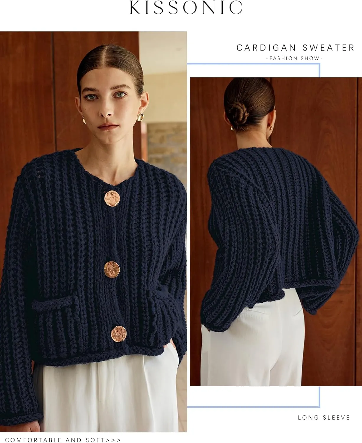 Kissonic Womens Cropped Cardigan Sweater Button Down Long Sleeve Chunky Soft Knit Sweater Open Front Loose Casual Coat