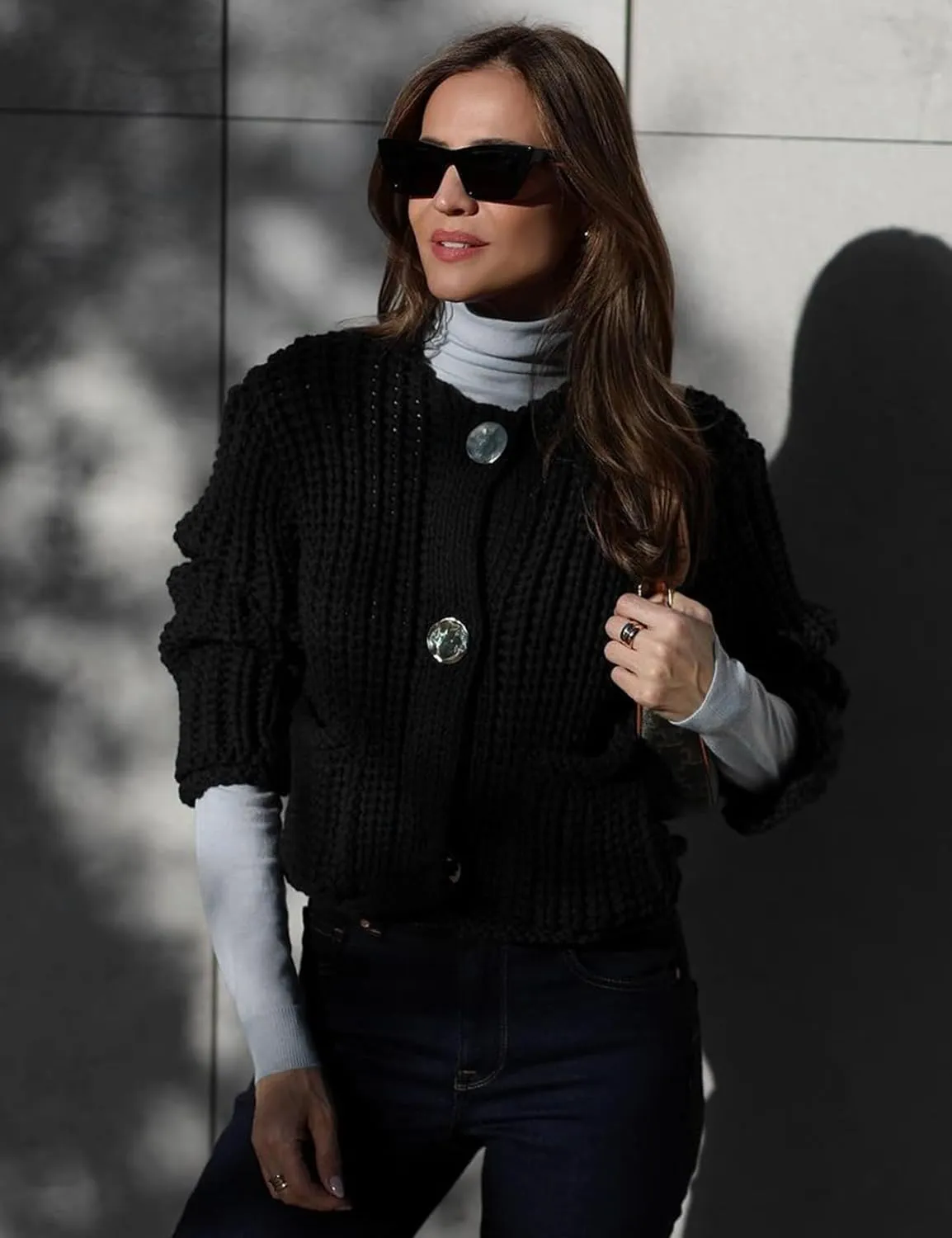Kissonic Womens Cropped Cardigan Sweater Button Down Long Sleeve Chunky Soft Knit Sweater Open Front Loose Casual Coat