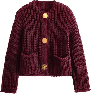 Kissonic Womens Cropped Cardigan Sweater Button Down Long Sleeve Chunky Soft Knit Sweater Open Front Loose Casual Coat