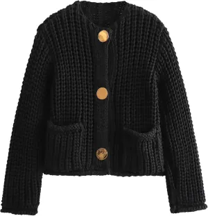 Kissonic Womens Cropped Cardigan Sweater Button Down Long Sleeve Chunky Soft Knit Sweater Open Front Loose Casual Coat