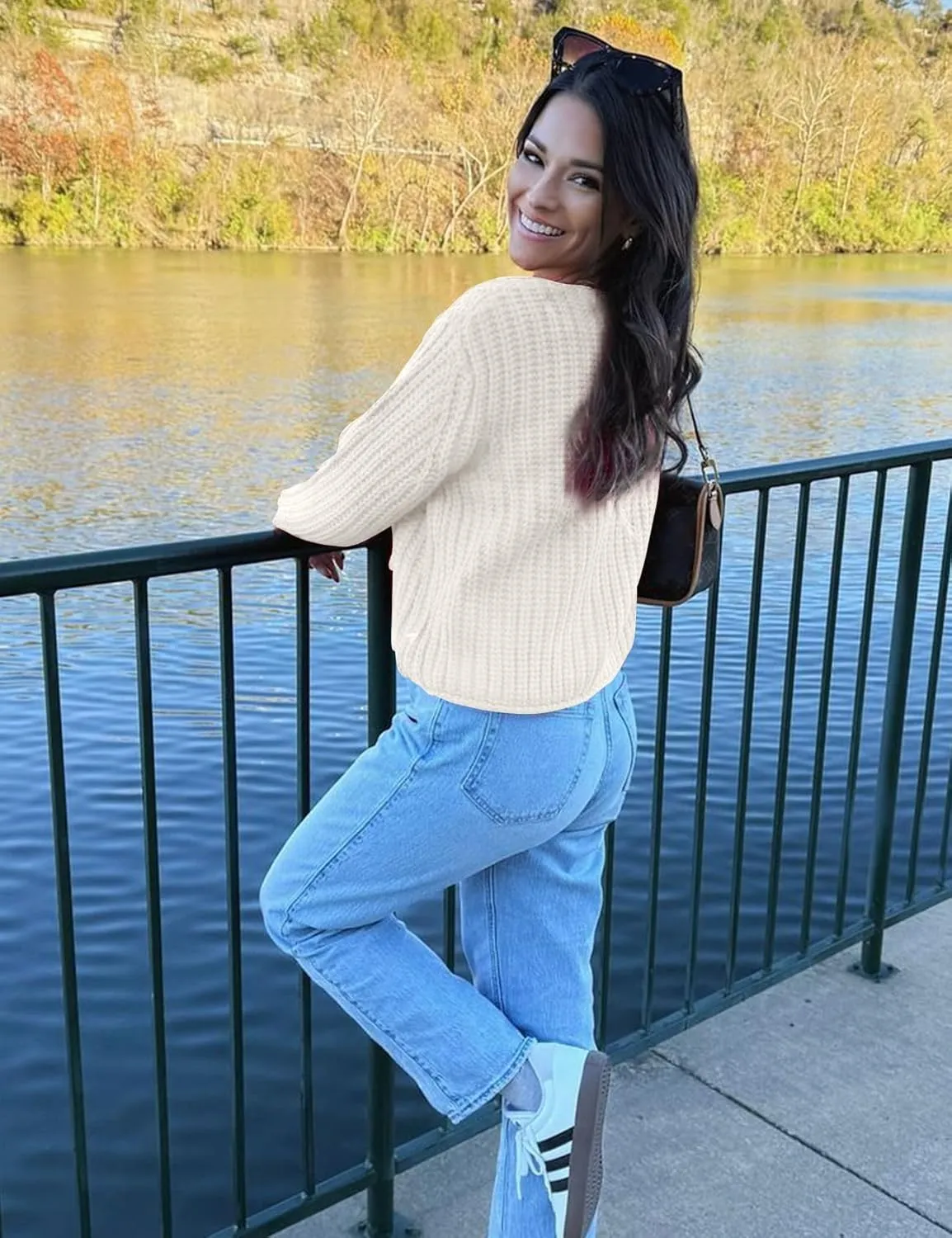 Kissonic Womens Cropped Cardigan Sweater Button Down Long Sleeve Chunky Soft Knit Sweater Open Front Loose Casual Coat