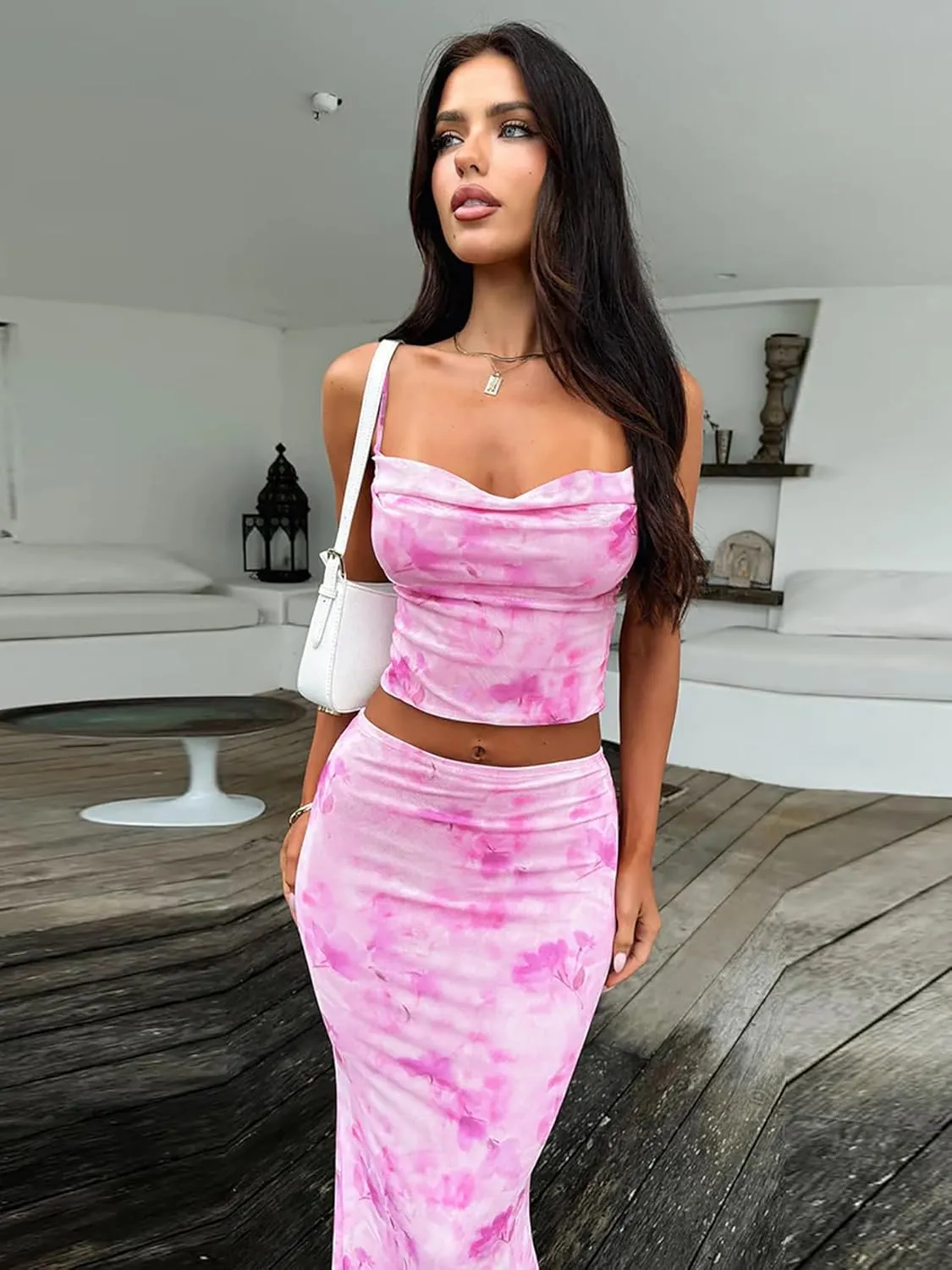 ksotutm Maxi Skirt Set Print Halter Top and Maxi Skirt Two Piece Sets for Women Going Out