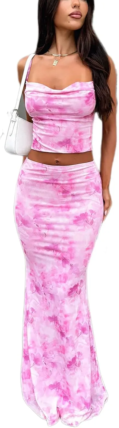 ksotutm Maxi Skirt Set Print Halter Top and Maxi Skirt Two Piece Sets for Women Going Out