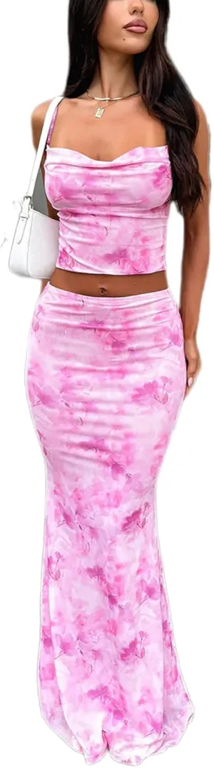 ksotutm Maxi Skirt Set Print Halter Top and Maxi Skirt Two Piece Sets for Women Going Out
