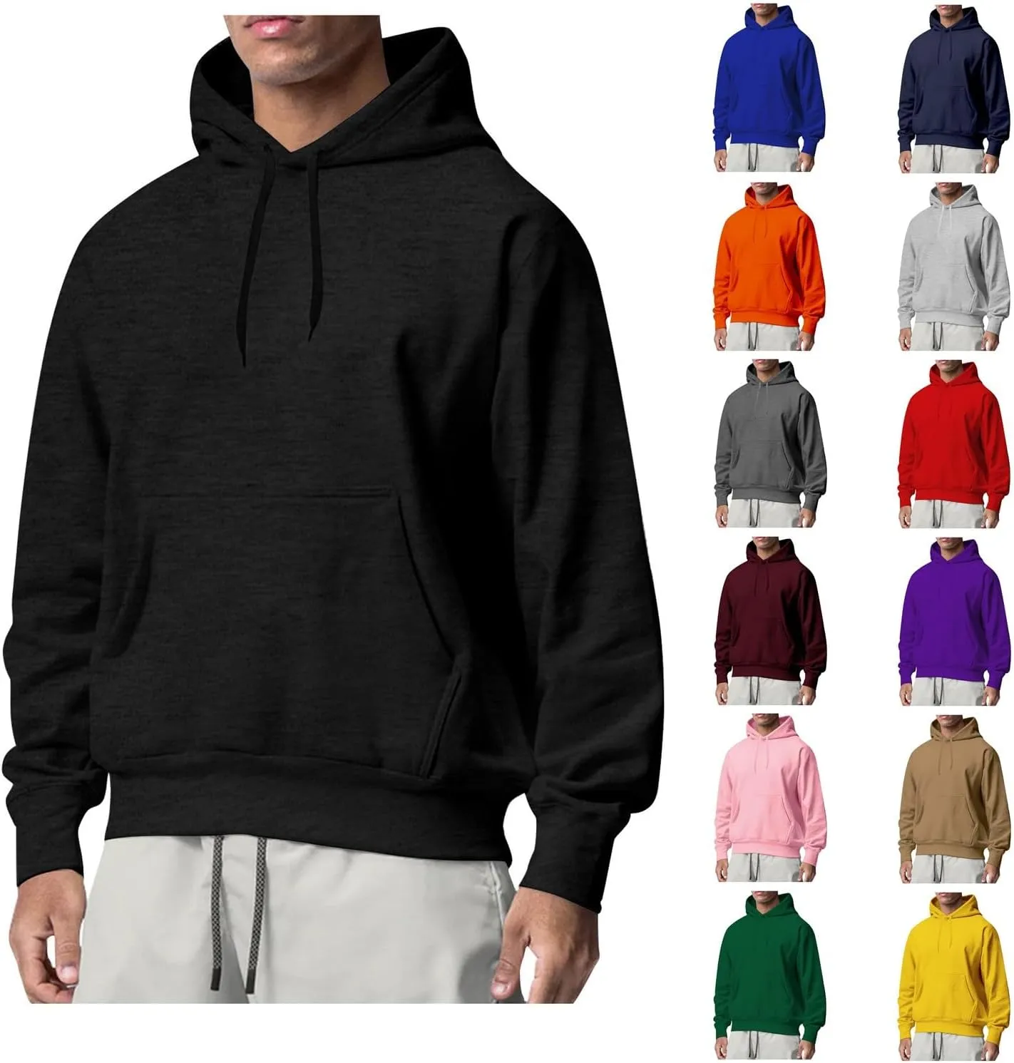 KUIOLYPOER Men's Hoodie 2024 Solid Color Lightweight Pocket Hooded Sweatshirt Long Sleeve Casual Regular Fit Pullover Top