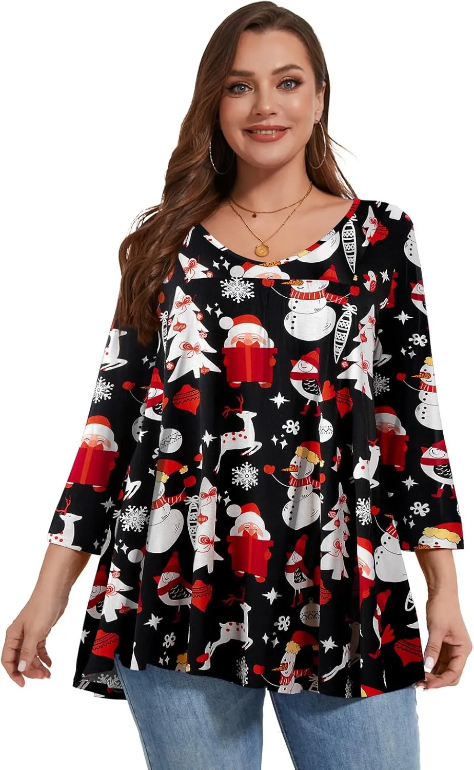LARACE Women's 3/4 Sleeve Shirts Plus Size Tunic Tops Loose V-Neck Pleated T-Shirts for Leggings