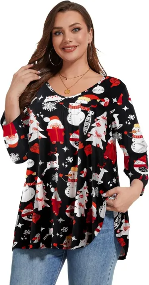 LARACE Women's 3/4 Sleeve Shirts Plus Size Tunic Tops Loose V-Neck Pleated T-Shirts for Leggings