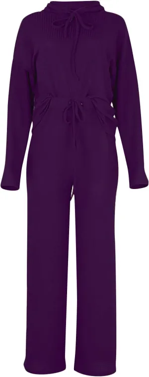 Lastesso Womens Knit Loungewear Set 2 Piece Ribbed Knit Loose Fit Lounge Wear Soft Hoodies Baggy Wid Leg Trousers Cozy Pajama