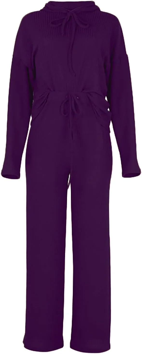 Lastesso Womens Knit Loungewear Set 2 Piece Ribbed Knit Loose Fit Lounge Wear Soft Hoodies Baggy Wid Leg Trousers Cozy Pajama