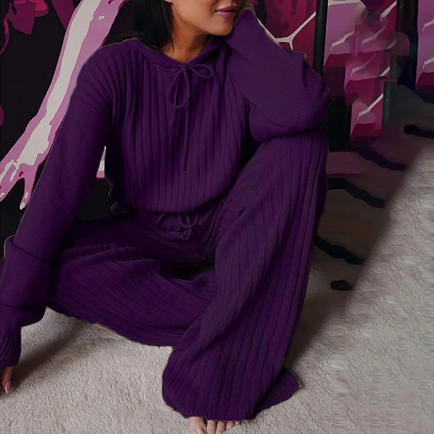 Lastesso Womens Knit Loungewear Set 2 Piece Ribbed Knit Loose Fit Lounge Wear Soft Hoodies Baggy Wid Leg Trousers Cozy Pajama