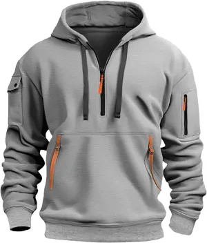LCMTWX Mens Sweatshirts Hoodies Vintage Long Sleeve Hoodie Half Zipper Hooded Sweatshirt Top Workwear Multi Pocket Outdoor