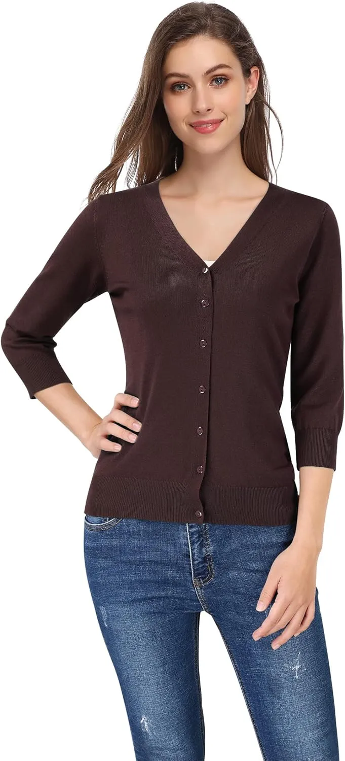 Leadingstar Women's 3/4 Sleeve Cardigan Lightweight Sweater Cardigan V-Neck Solid Color Soft Knit Sweater Tops