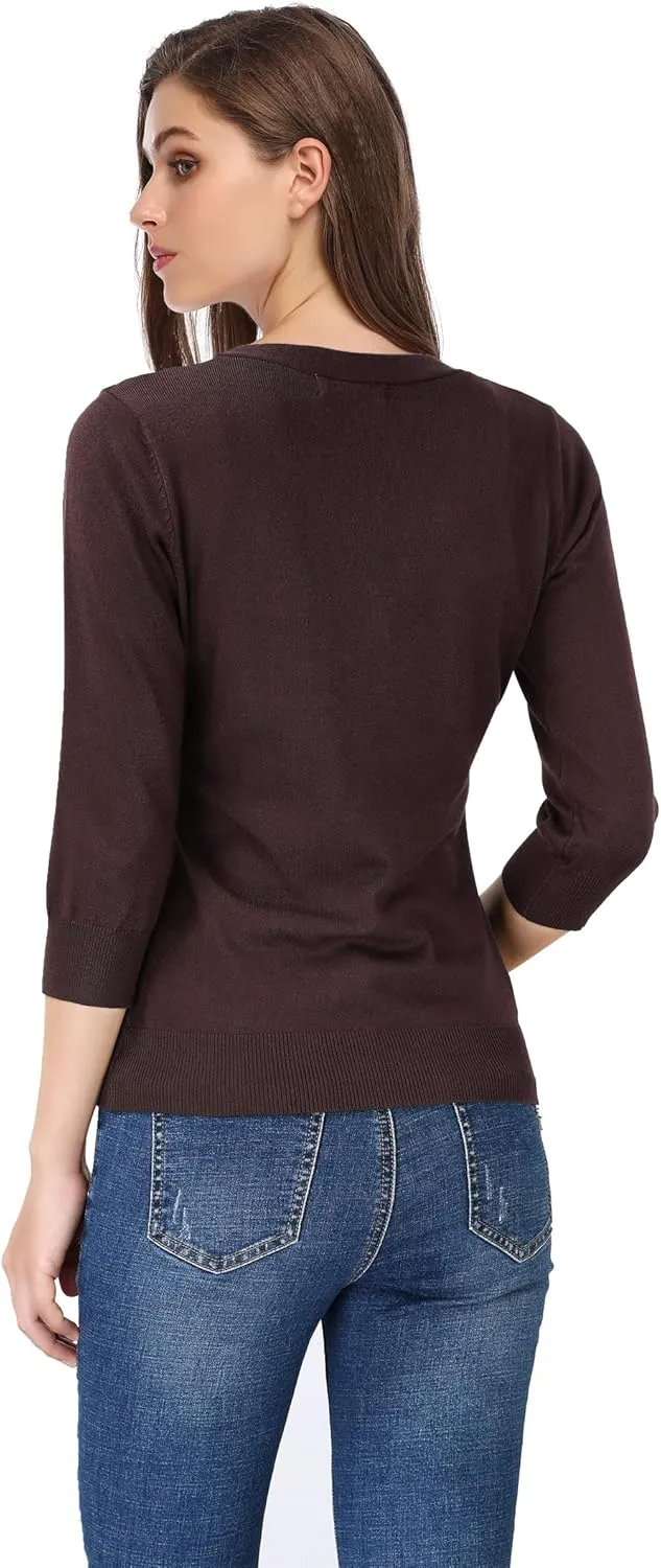 Leadingstar Women's 3/4 Sleeve Cardigan Lightweight Sweater Cardigan V-Neck Solid Color Soft Knit Sweater Tops