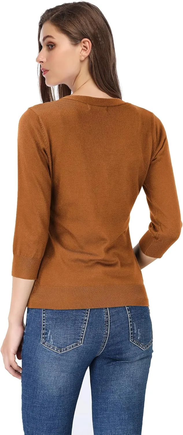 Leadingstar Women's 3/4 Sleeve Cardigan Lightweight Sweater Cardigan V-Neck Solid Color Soft Knit Sweater Tops