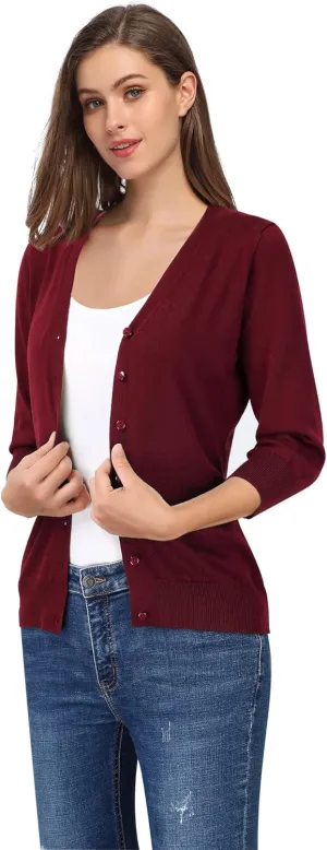 Leadingstar Women's 3/4 Sleeve Cardigan Lightweight Sweater Cardigan V-Neck Solid Color Soft Knit Sweater Tops