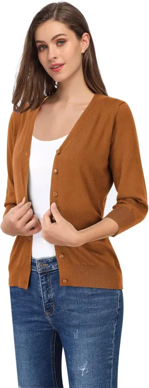 Leadingstar Women's 3/4 Sleeve Cardigan Lightweight Sweater Cardigan V-Neck Solid Color Soft Knit Sweater Tops