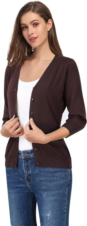 Leadingstar Women's 3/4 Sleeve Cardigan Lightweight Sweater Cardigan V-Neck Solid Color Soft Knit Sweater Tops