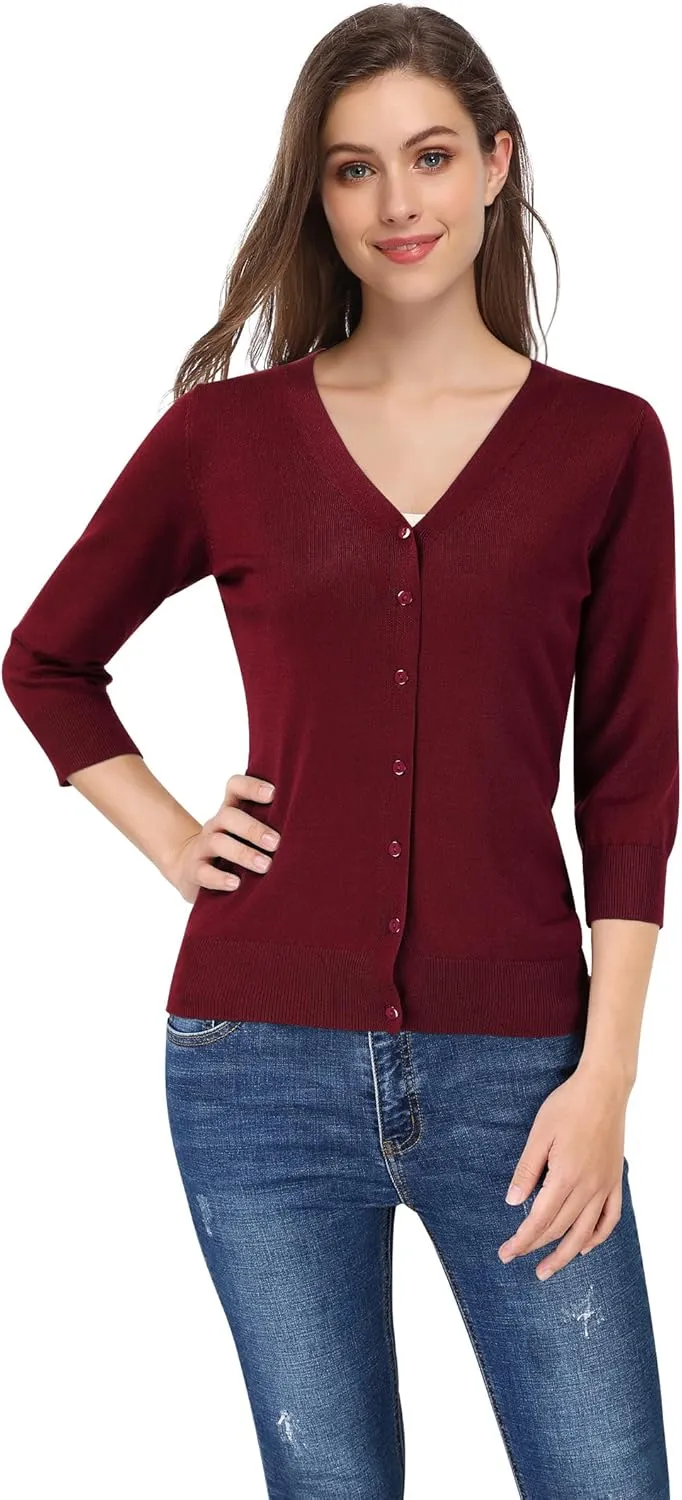 Leadingstar Women's 3/4 Sleeve Cardigan Lightweight Sweater Cardigan V-Neck Solid Color Soft Knit Sweater Tops