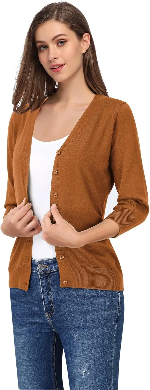 Leadingstar Women's 3/4 Sleeve Cardigan Lightweight Sweater Cardigan V-Neck Solid Color Soft Knit Sweater Tops