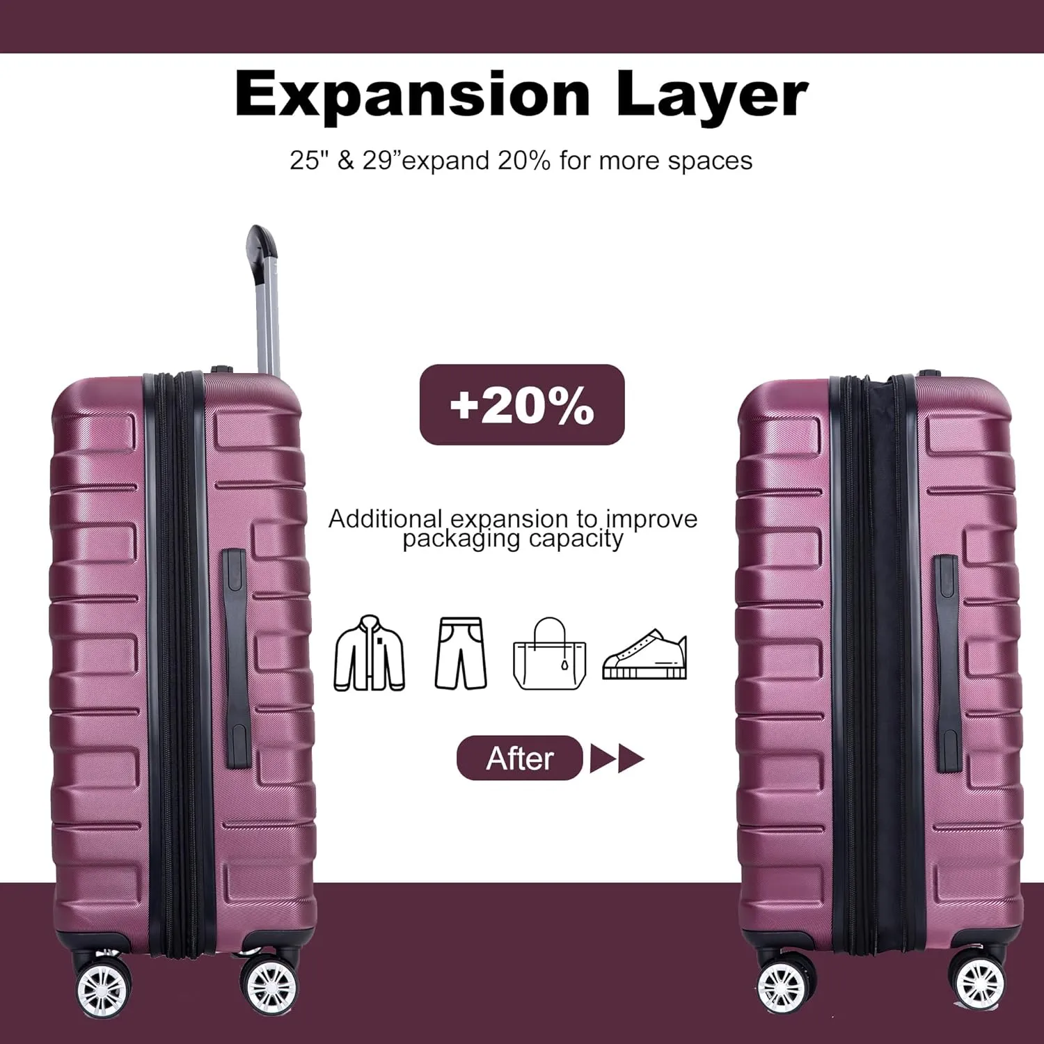 Lightweight 3-Piece PC Luggage Set - Expandable Suitcase Set Durable Suitcase Set with TSA Lock and Telescoping Handle - Double Spinner Wheels, 21'' / 25'' / 29'' (Red)